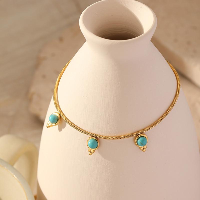 New turquoise pendant round snake chain bracelet fashionable personality versatile stainless steel gold-plated bracelet