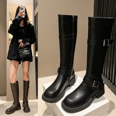 Stivali al Ginocchio da Donna Stile Britannico alla Moda Scarpe con Fibbia e Cinturino Autunno Inverno Tacco Grosso Stivaletti Lunghi da Cavaliere da Donna
