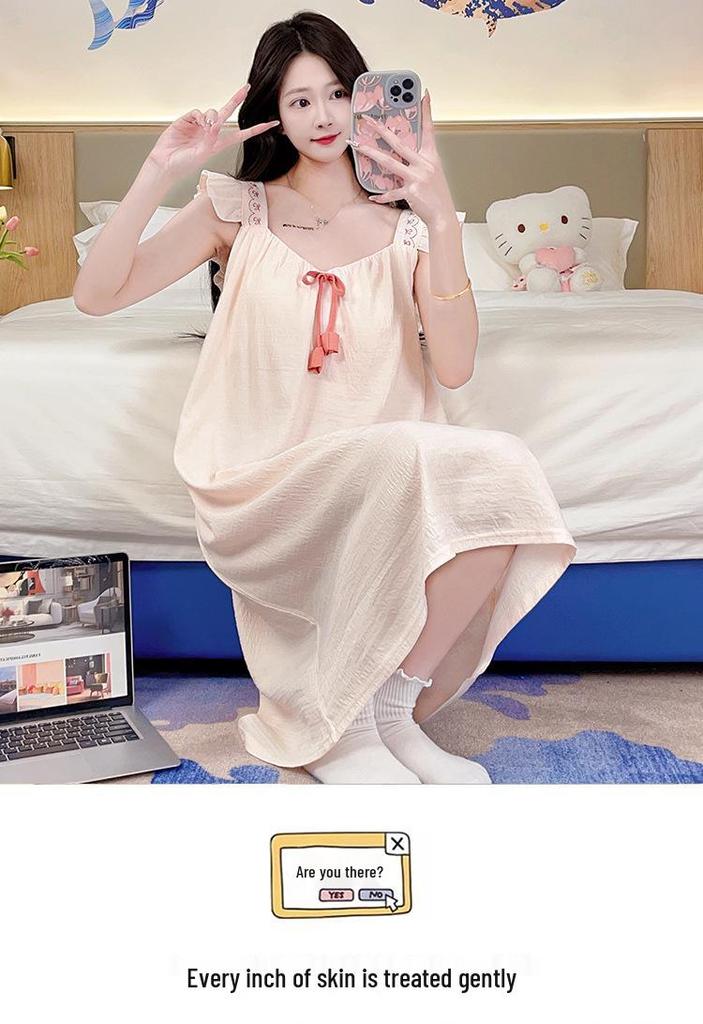 Women's Summer Sweet Princess Cotton Pajamas with Built-in Bra, Plus Size 220 Jin Long Camisole Nightgown