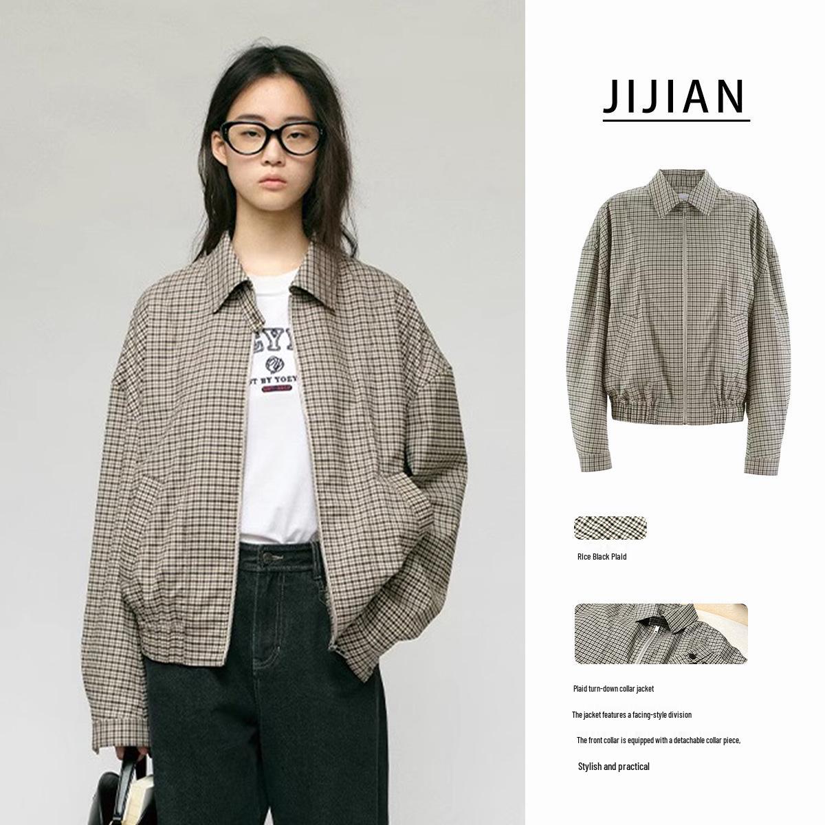 

2024 Осенняя Андрогинная Клетчатая Ветрозащитная Куртка в Ретро Стиле с Отложным Воротником и 3D Кроем XS