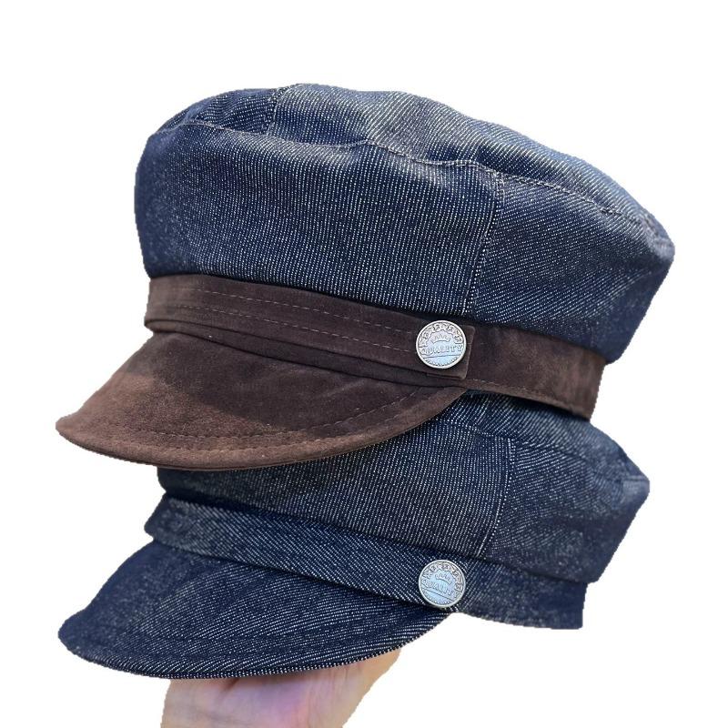 New Denim Color Matching Metal Label Flat Top Newsboy Hat Female British Beret