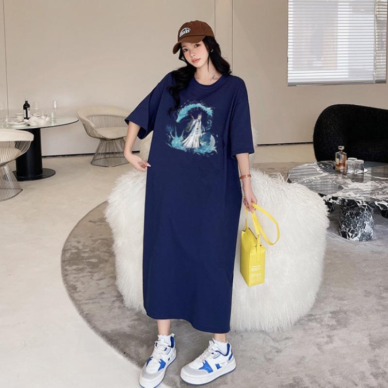 Women's Printed T-shirt Dress Short Sleeve Summer Loose Medium Length Plus Size Casual Dress