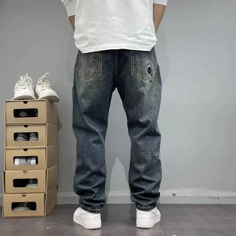 Washed Distressed Ripped Patched Embroidered Jeans Men's Slim Tapered Straight Leg Pants High Street Cool Baggy Trendy Trousers