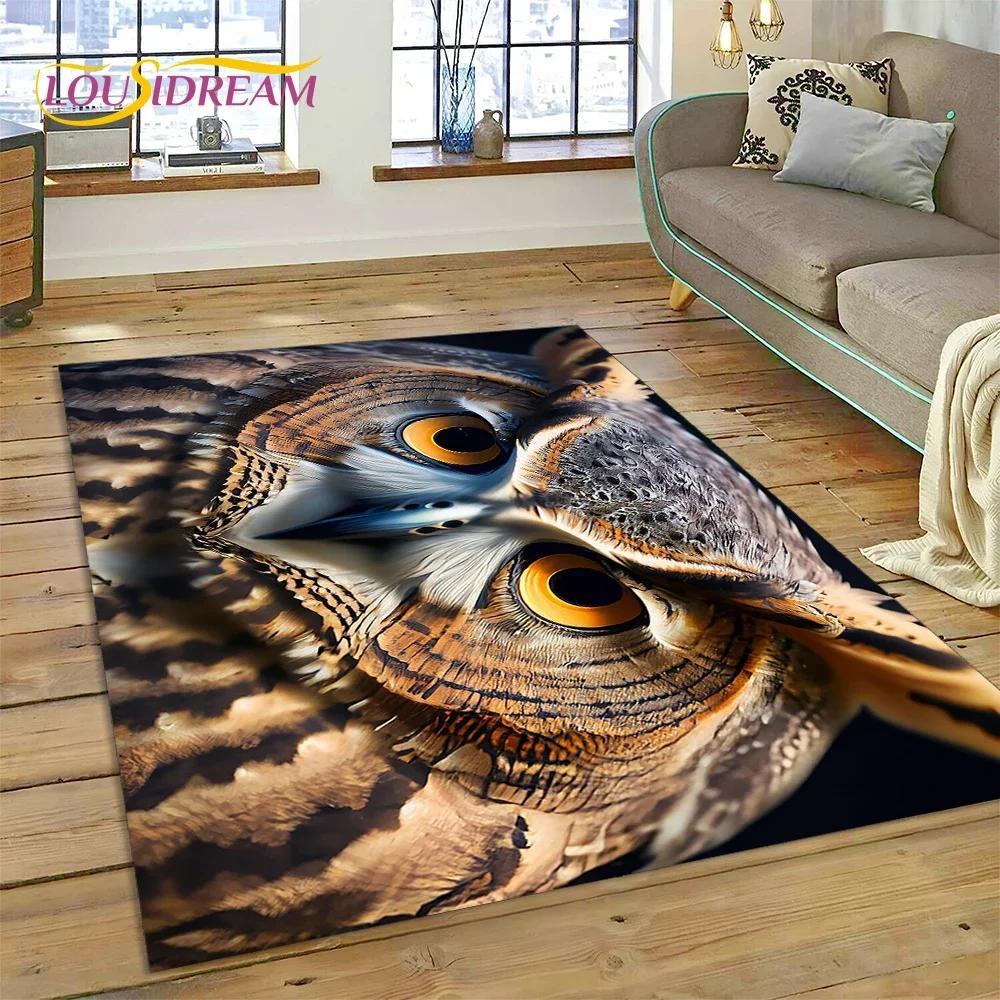 3D Süße Eule Adler Vögel Cartoon Teppich für Schlafzimmer Wohnzimmer Zuhause Sofa Dekoration, Kinderspiel Große Dekor Bodenmatte Geschenk