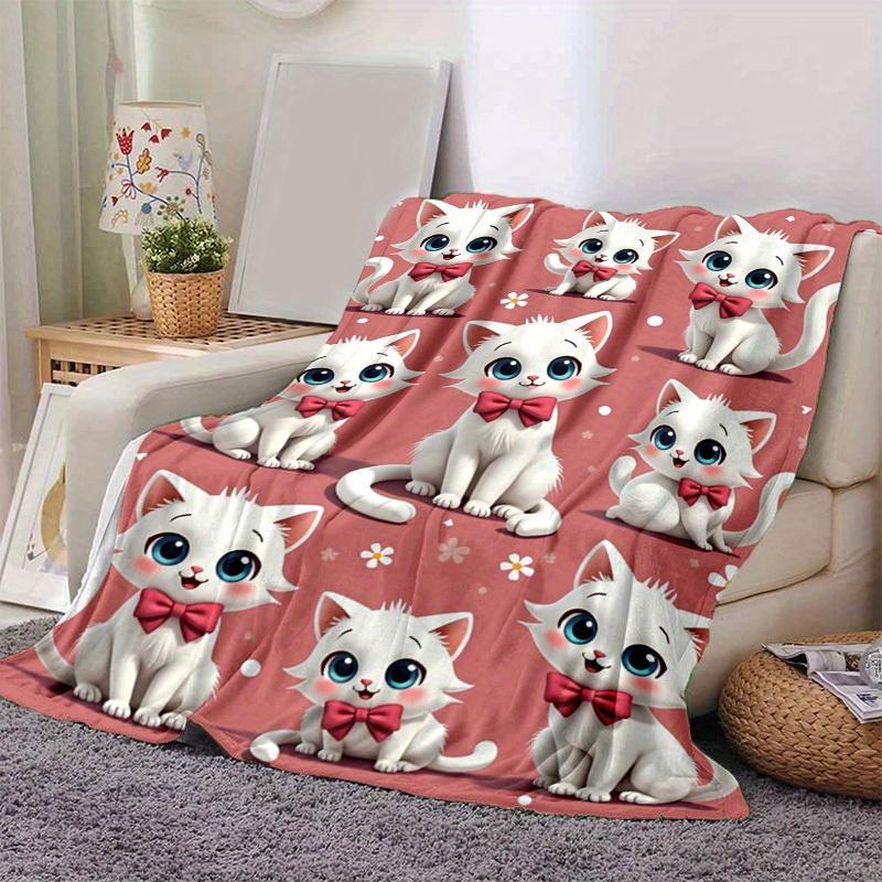 

1PC Cute White Cat with Bowknot Cartoon Blanket, for Decorating Your Own Sofa and Living Room, Super Soft Flannel, for All Season Use, Bed, 100x150cm