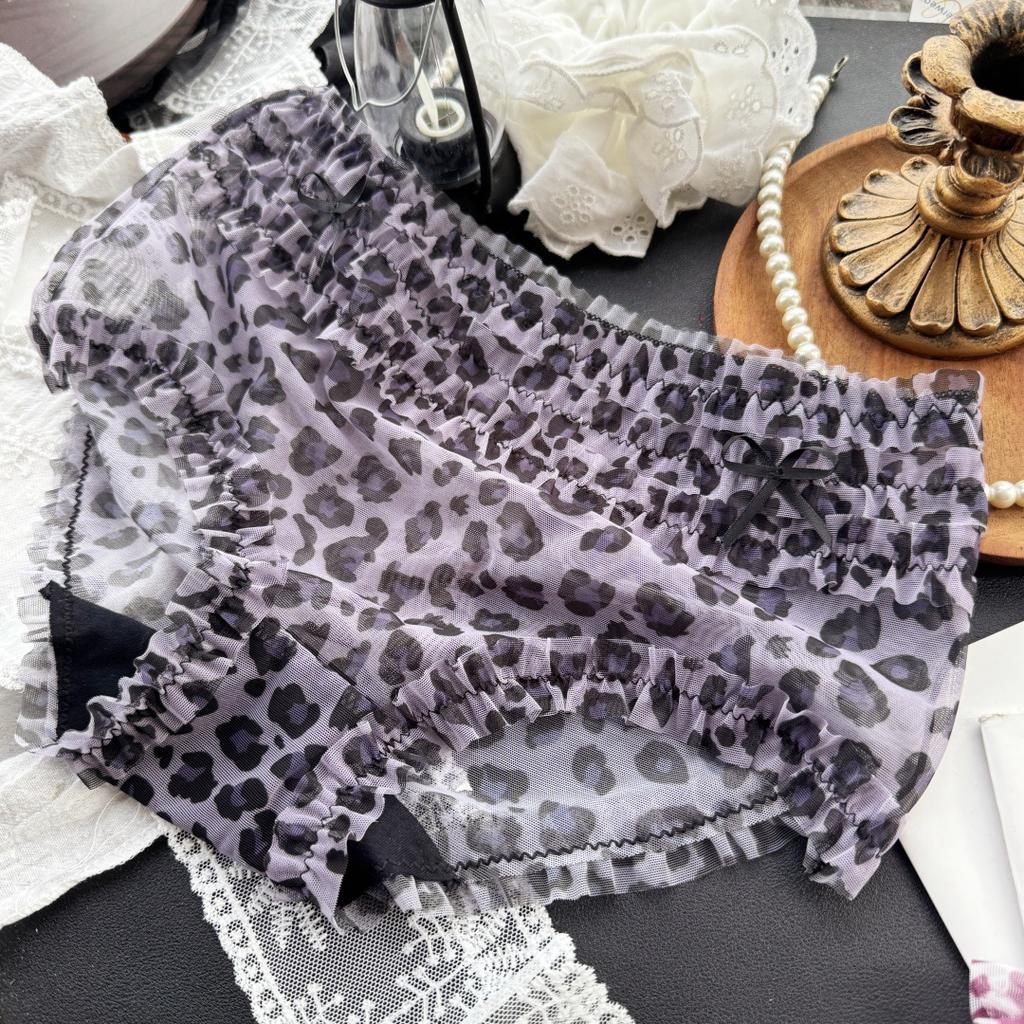 Ladies Summer Sexy Leopard Print Mesh Cake Layer Mid Waist Triangle Briefs