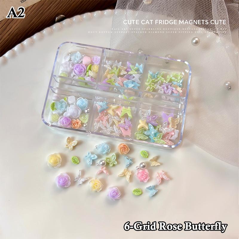 6/12 Grids 3D Camellia Rose Flower Nail Art Charms Mixed Floral Butterfly Pearl Nails Decor For Diy Crafts Manicure Accessory