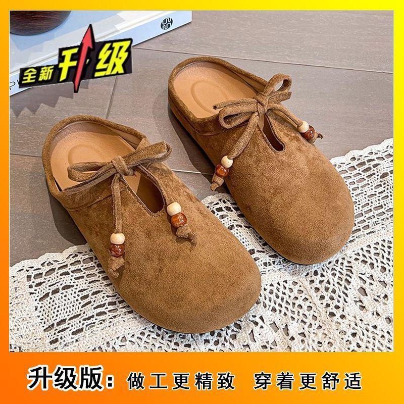 Bow soft bottom half slippers retro versatile flat bottom Boken bag head slippers women's 2025 spring and autumn new models