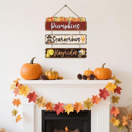 Rustic Pumpkin Door Sign Set, Wooden Scarecrow Wall Hanging Decor with Sunflower and Maple Leaf, Vintage Fall Harvest Welcome Plaque