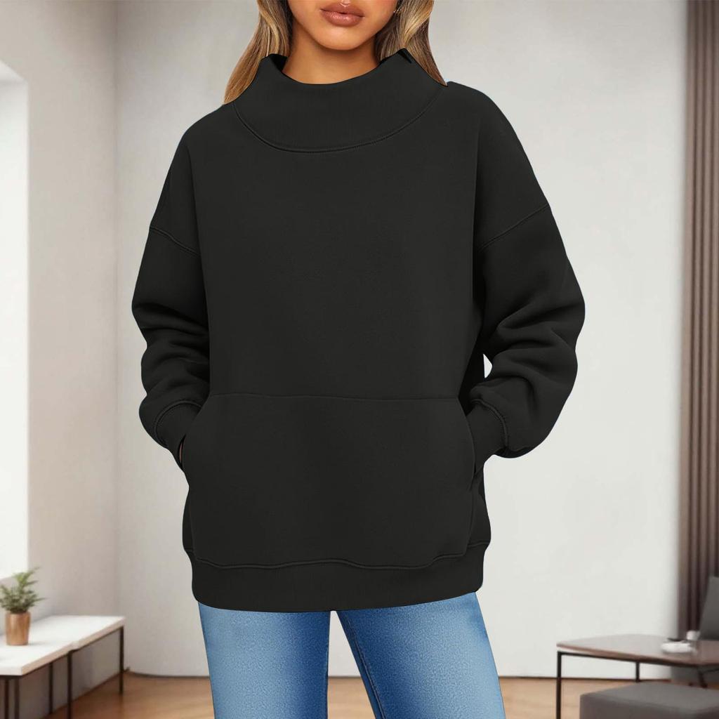 Damen Modisch Lässig Einfarbig Rundhals Langarm Tasche Sportlich Lässig Pullover Sweatshirt Top