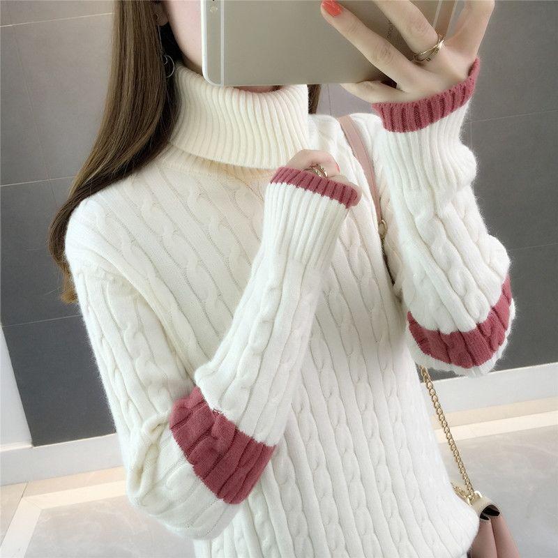 

Толстый и теплый свитер с высоким воротником для женщин, свободный базовый вязаный свитер для осени и зимы 2XL белый