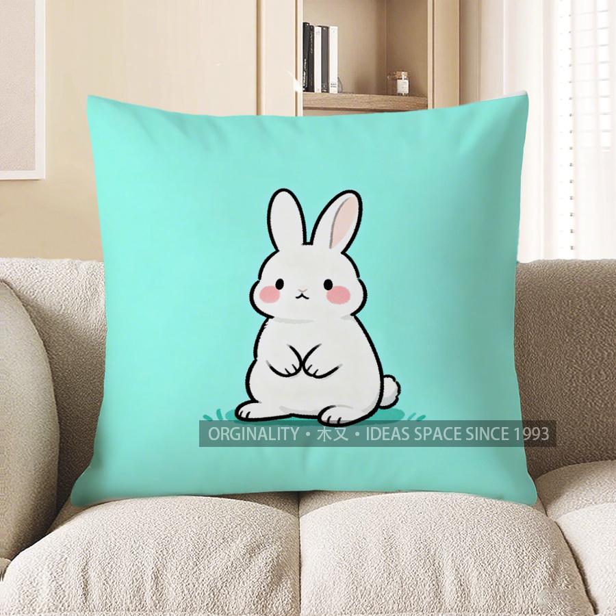 2D Cute White Bunny On Turquoise Pillow Cover Pattern Cushion Cover Suitable For Sofa Bedroom Car Pillow Cover