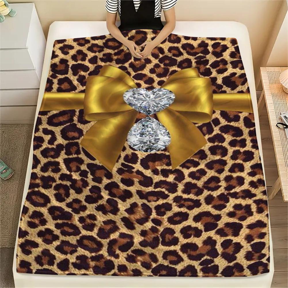 1Pc Leopard Bow Print Flannel Blanket, High quality Comfortable for All Seasons, Home Decor, Warmth and Comfort, Perfect for Gifts