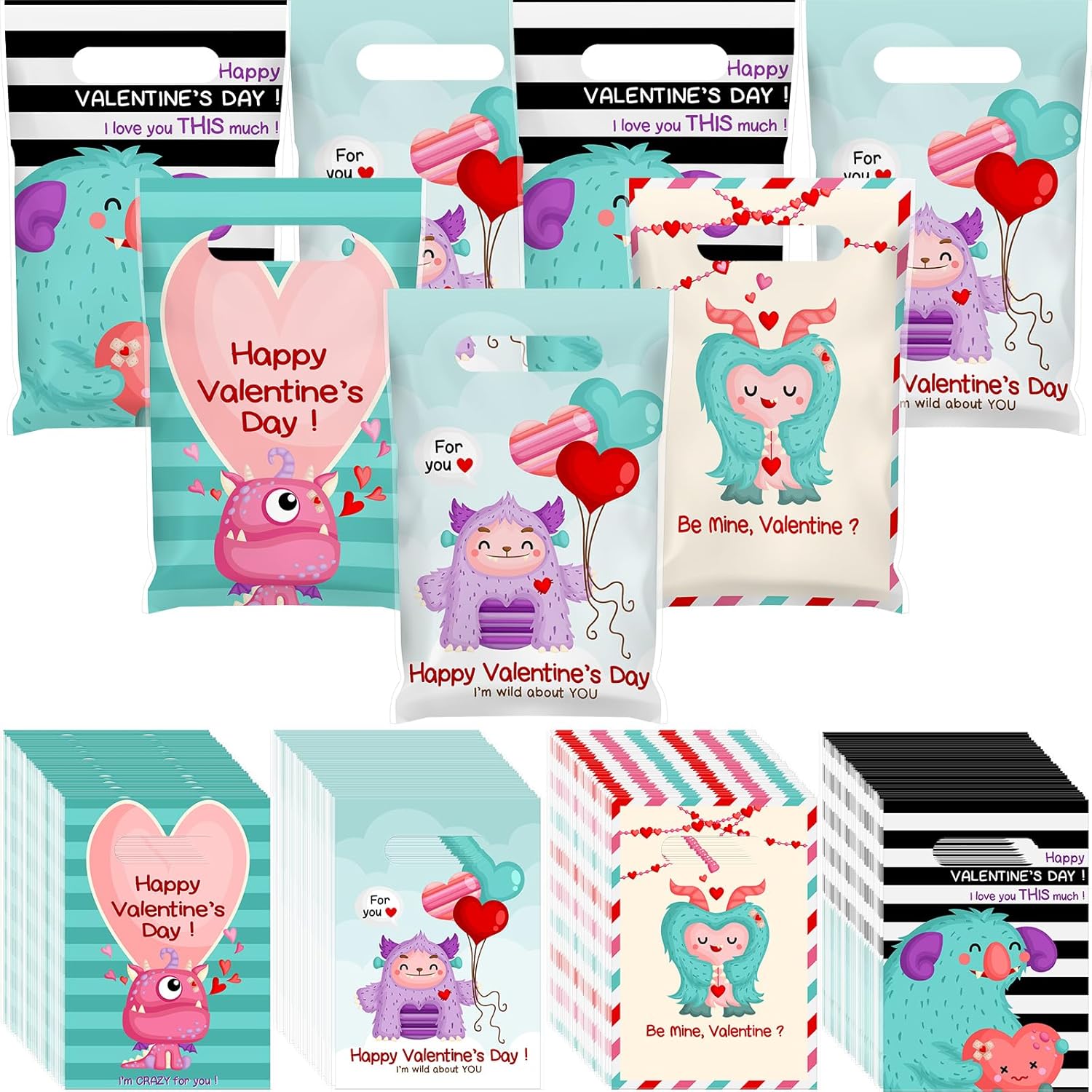Jetec 240 Pieces Valentine s Day Plastic Gift Bags for Kids Valentine Monster Treat Bags Small Candy Bags Valentine s Day Goodie Bags with Handle