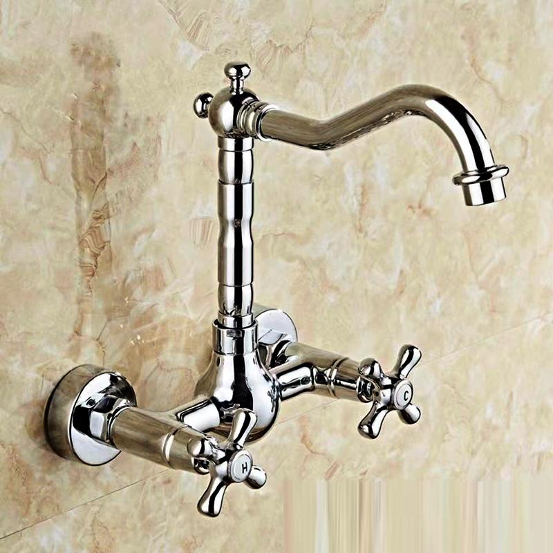 Luxury Gold Color Brass Bathroom Kitchen Sink Basin Faucet Mixer Tap Swivel Spout Wall Mounted Dual Cross Handles