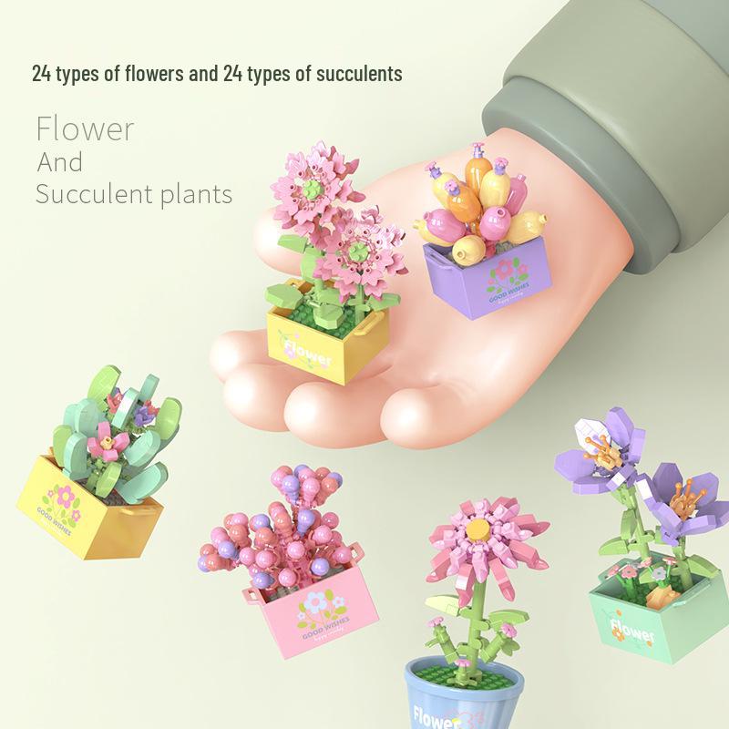 Preserved Flower Bonsai & Rose Succulent Building Blocks - Compatible with LEGO