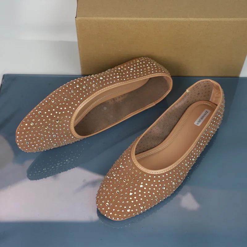 Fashion Luxury Rhinestones Women's Ballet Flats Breathable Mesh Shallow Comfort Casual Shoes Brand Designer 2025 Spring Ladies Footwear