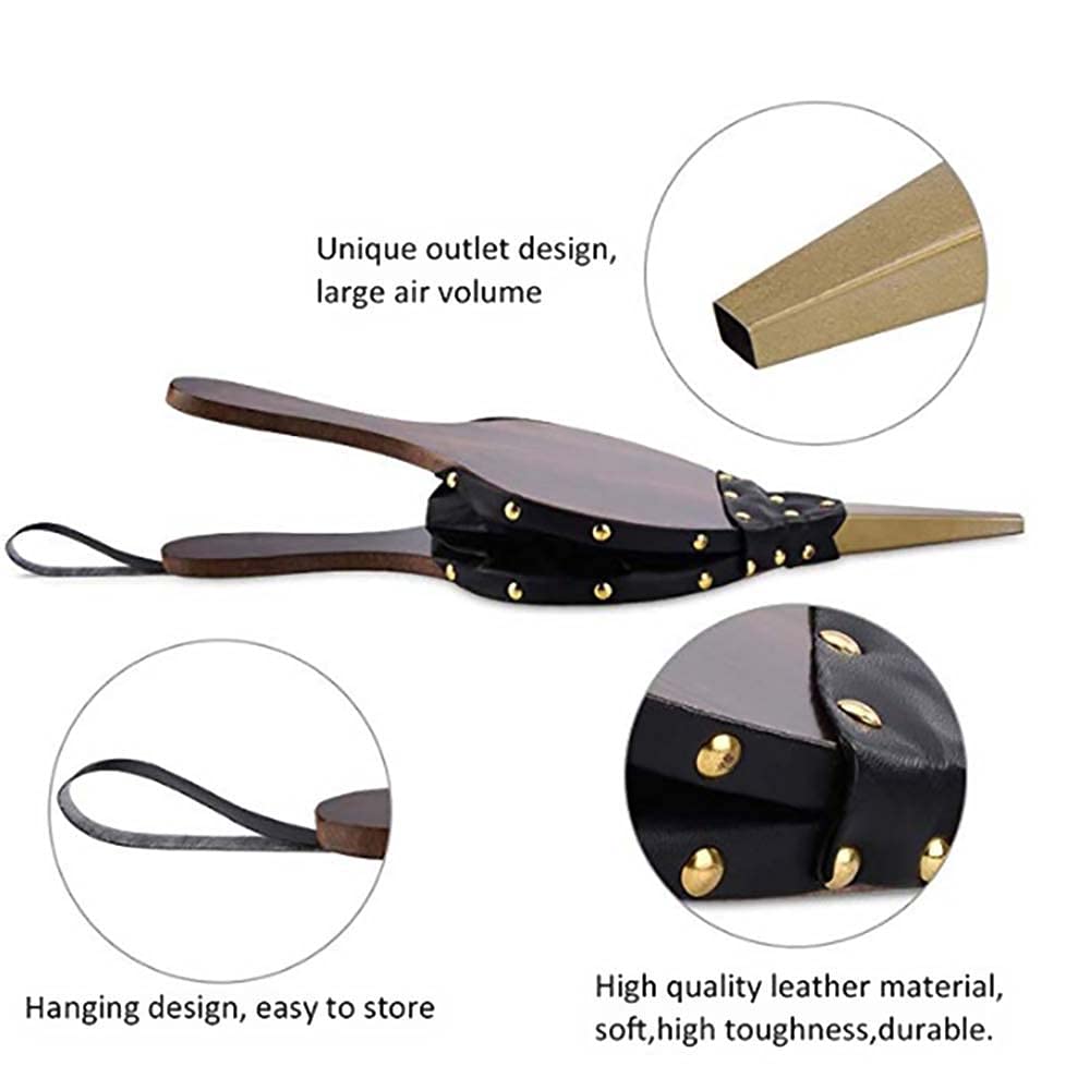 Manual Wooden Handicraft Fireplace Blower Hand Fan Leather for Fireplaces BBQ and Camping, Bellow with Hanging Leather Strap