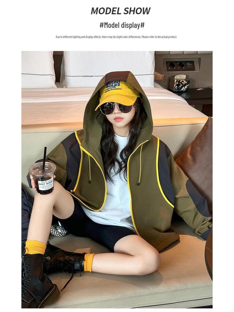 Flickors färgblocksvindjacka - Vår/Höst 2025, Med huva, Vindtät, För mellanstora och stora barn