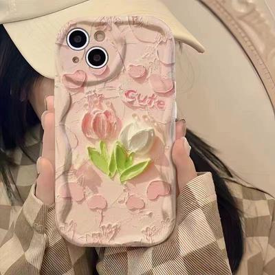 Pink Tulips Are Suitable for Apple 16promax Mobile Phone Case 15 Women's IPhone 14pro/13 Cream Pattern