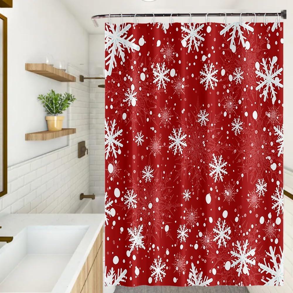 Snowflakes Shower Curtains Chic Snow on Red Backdrop Winter Festival Shower Curtain for Bathroom Decor Waterproof Polyester