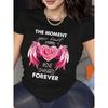 European Sizes Women'S The Moment Your Heart Stopped Beating" Gothic Lettering & Pink Rose & Heart Graphic T-Shirt