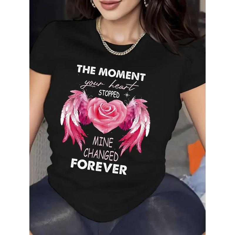 

European sizes Women S The Moment Your Heart Stopped Beating Gothic Lettering & Pink Rose & Heart Graphic T-Shirt S чёрный