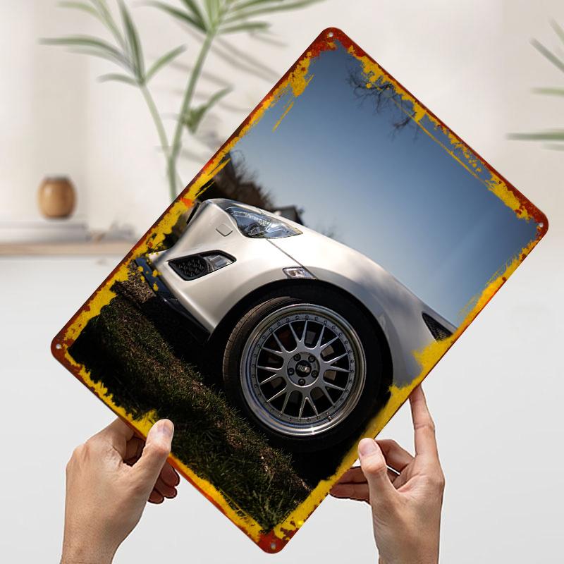 White Sports Car CloseUp Tinplate Poster Customized Wall Art Vintage Metal Signs Retro Tin Plaque for Bedroom Decorations Decor