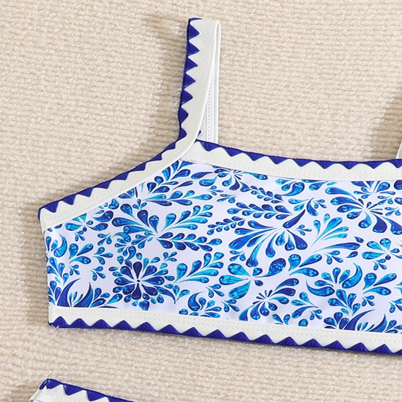 2025 Blue & White Porcelain Print Girls' Swimsuit - Holiday Beach Bikini Swimwear