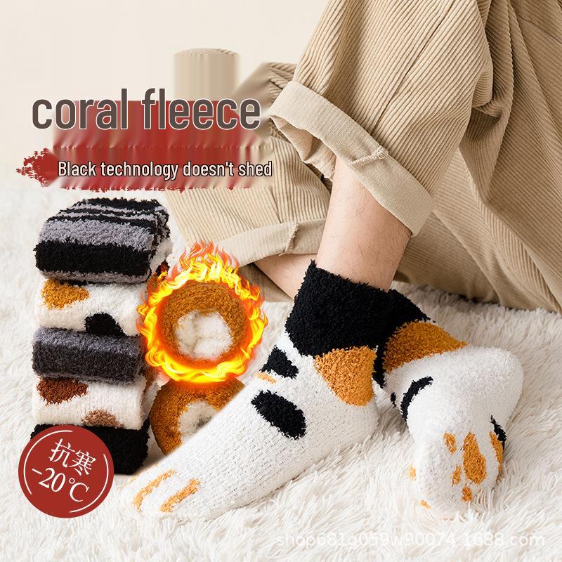 

Non-Slip Coral Fleece Cat Paw Mid-Calf Sleeping Socks for Men & Women Polka Dot Black Cat Paw
