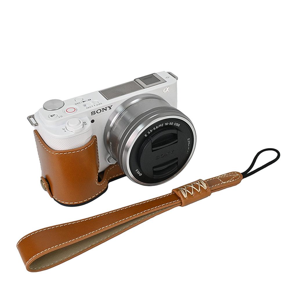 ZVE10 Ölhaut Kamera Halbtasche für Sony ZV-E10 ZVE10 PU-Leder Batterieöffnung Abdeckung mit Handschlaufe