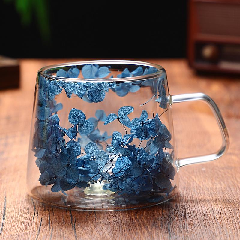 High Appearance Double Layer Petal Quicksand Glass Cup with Real Dried Flowers