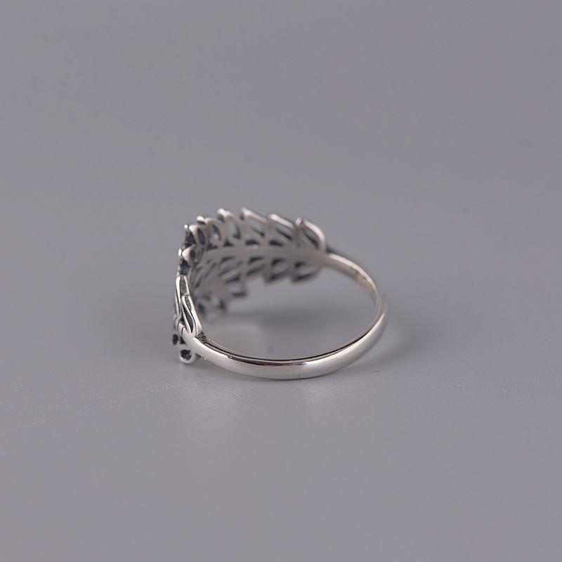 Adjustable Open Ring Women Men Sterling Leaf Motif Vintage Boho Jewelry