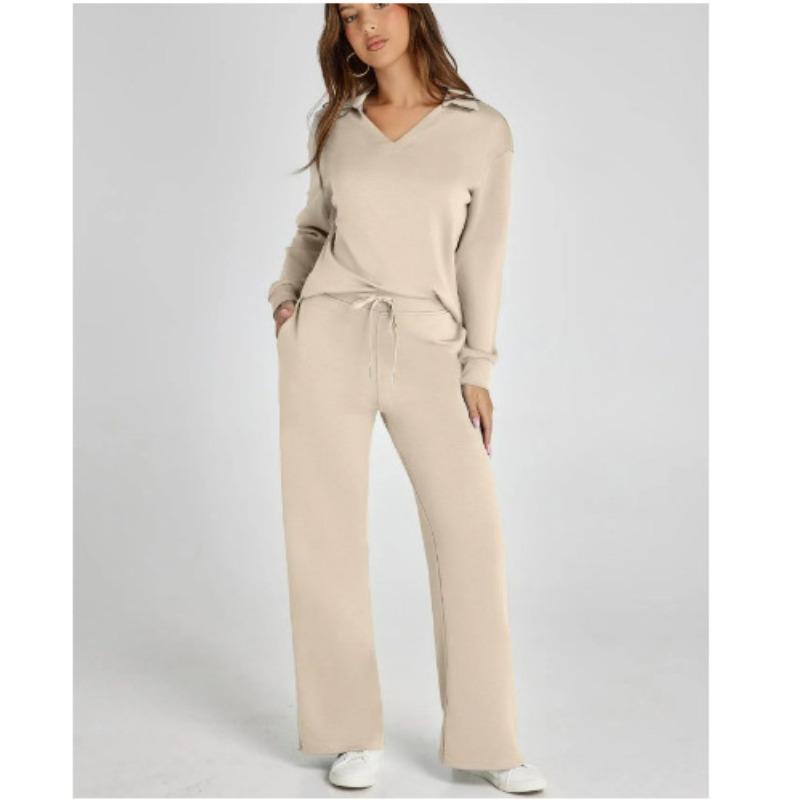 VEZFAA Damesmode Casual Lente Herfst Effen Kleur Print Lange Mouw POLO Hals Broek Pakken
