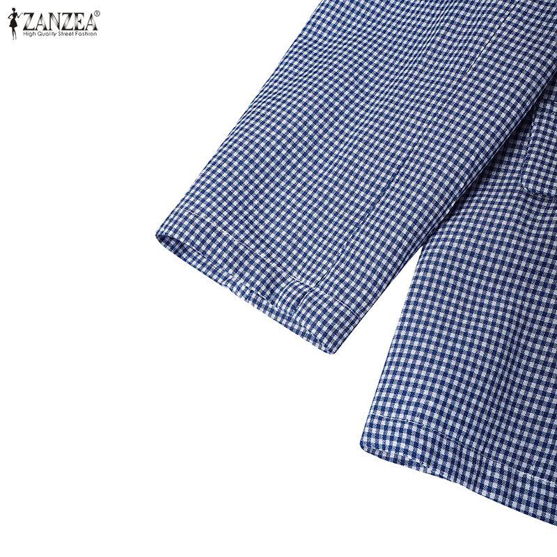 ZANZEA Women Casual Turn Down Collar Long Sleeve Plaid Print Thin Cardigan Blazer