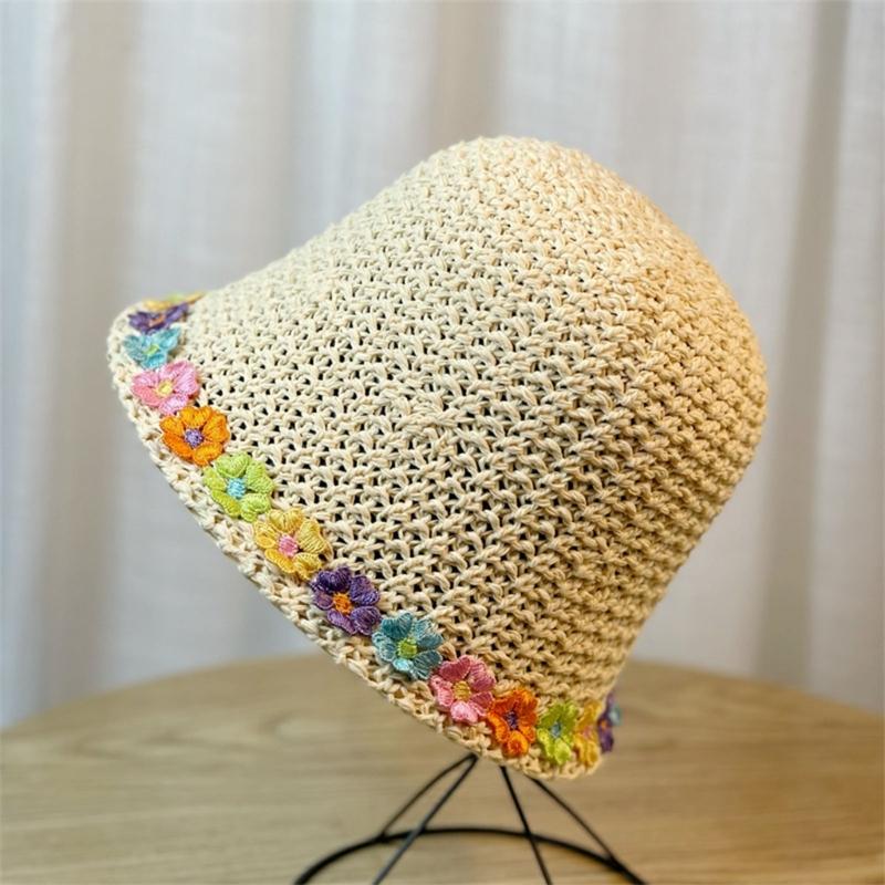 Crochet Bucket Hat with Flower Decals Summer Spring Bucket Hat Crochet Floppy Hat for Adult Teen Hat Knitted Sun Hat