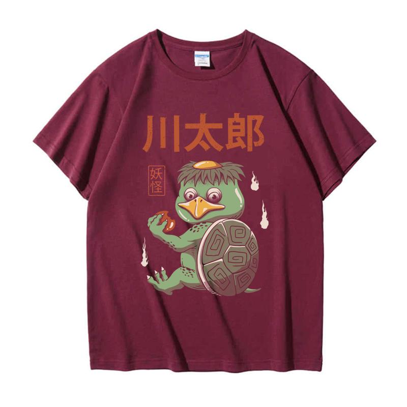 

220GSM Тяжелая футболка из 100% хлопка Футболка Yokai с черепаховым принтом Мужская повседневная футболка с круглым вырезом Базовые мужские топы Футболка