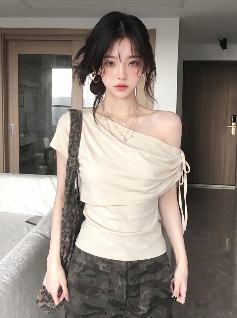 Slant Shoulder Straps Short-sleeved T-shirt Women's Summer Wear Design Off-the-shoulder Tee Irregular Slim Slim-fitting Spice Girl Top