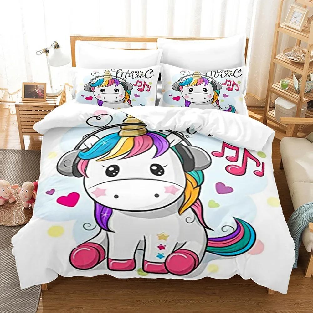 Cartoon Unicorn Duvet Cover Set KingQueen Size Cute Pink Blue Fairy Tale Animals Polyester Bedding Set for Girls Kids