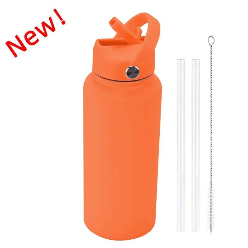 1L Sports WATER BOTTLE With Handle And Straw Stainless Steel Large Capacity Vacuum Flasks Drinkware Large Mouth GymThermos CUP