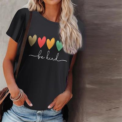 Camiseta de verano para mujer, con estampado de amor de colores, de manga corta, informal, estampada