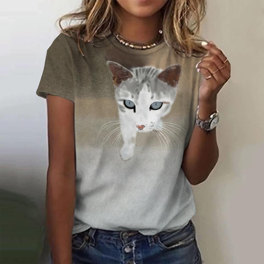 New Kawaii Cat Printed T-shirt For Women Plus Size Tops 2024 Summer Women's Trend Clothing Crew Tee Female Short Sleeve T Shirts