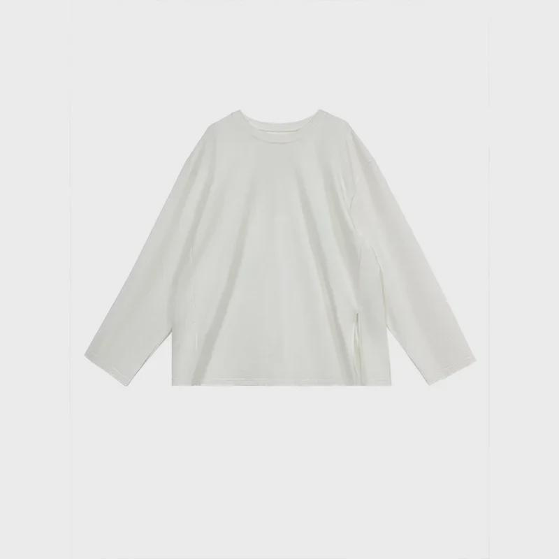 Women's Oversized White Long-Sleeve Cotton Split-Hem T-Shirt - Autumn Loose Fit