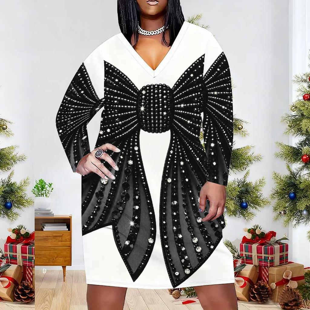 Women s Plus Size V Neck Long Sleeve Printed White Beige Fitted Midi Dress