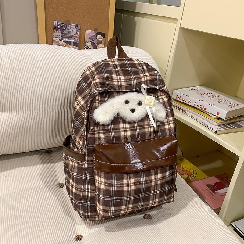 Plaid Backpack Female Retro Junior High School Students High School Students Cute Puppy Leisure Backpack.