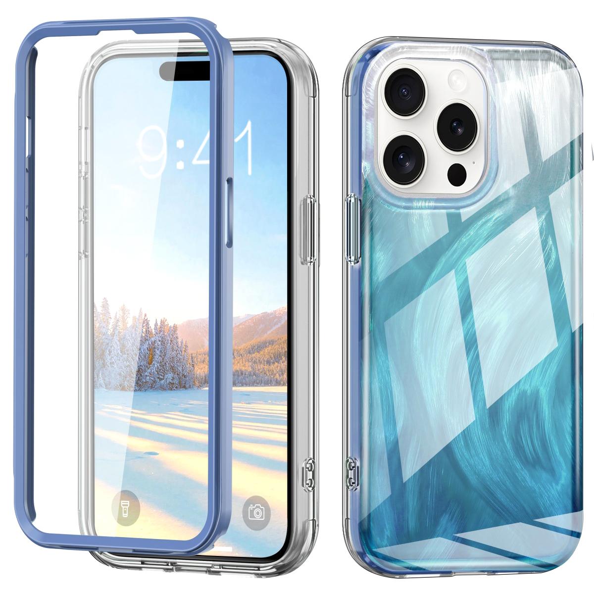 

For iPhone 16 Pro Max Case Gradient Feather Pattern PC+TPU Phone Cover Built-In PET Screen Film Blue