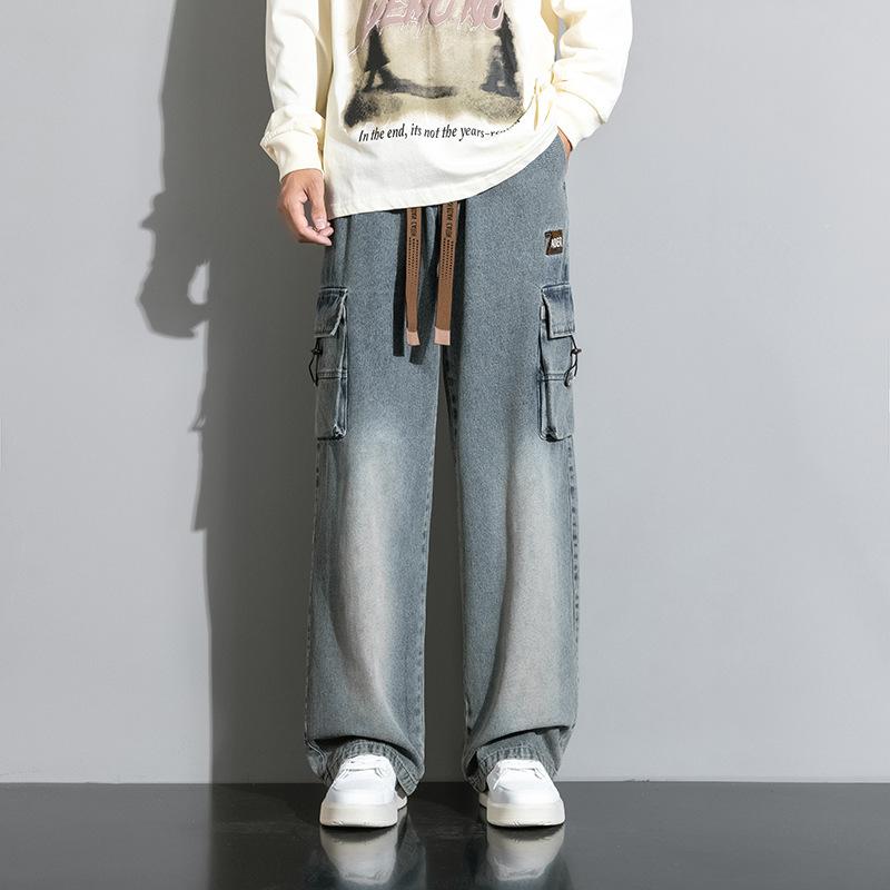 Jeans American Street Retro Elastic Waist Denim Men's Loose Straight Wide-leg Trousers