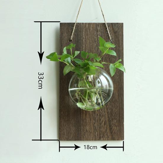 Yousheng Glass Wall Planter Hanging Vase with Wooden Board Oblate Flower Vase for Hydroponics Plants Flowers Home Office Decor