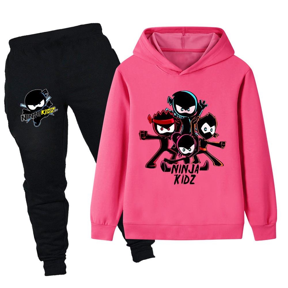 PB1172 Kids Boys Girls NINJA KIDZ Cartoon Print Long Sleeves Hoodie Trousers 2pcs/Sets