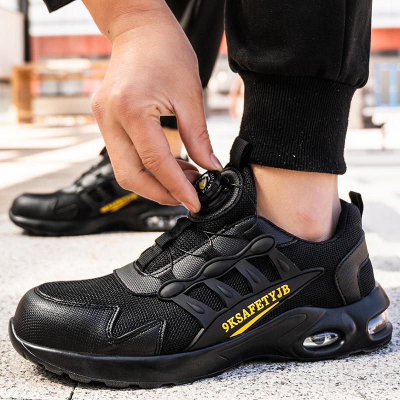 Fashion Rotating Button Safety Shoes for Men Air Cushion Work Sneakers Black Steel Toe Work Shoes Man Tennis Non Slip Protective Shoes